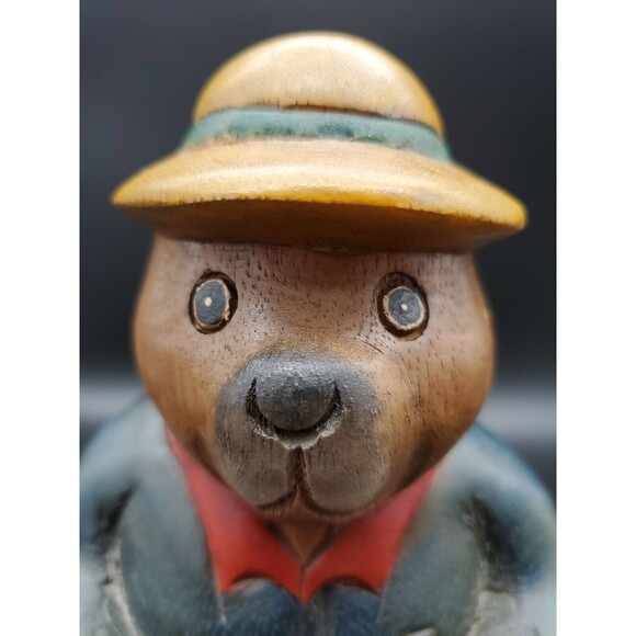 Honey Bear Beehive Dressed Sitting on Log Carved WOOD 8" Very NICE!!! Adorable! - Picture 9 of 12